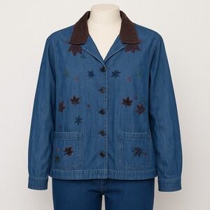 VTG Erika & Co Womens Jacket Sz L Blue Denim Embroidered Leaf Corduroy‎ 90s Fall
